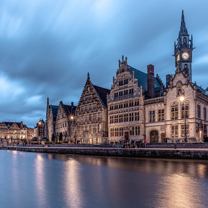 Historic buildings at night in the city of Ghent